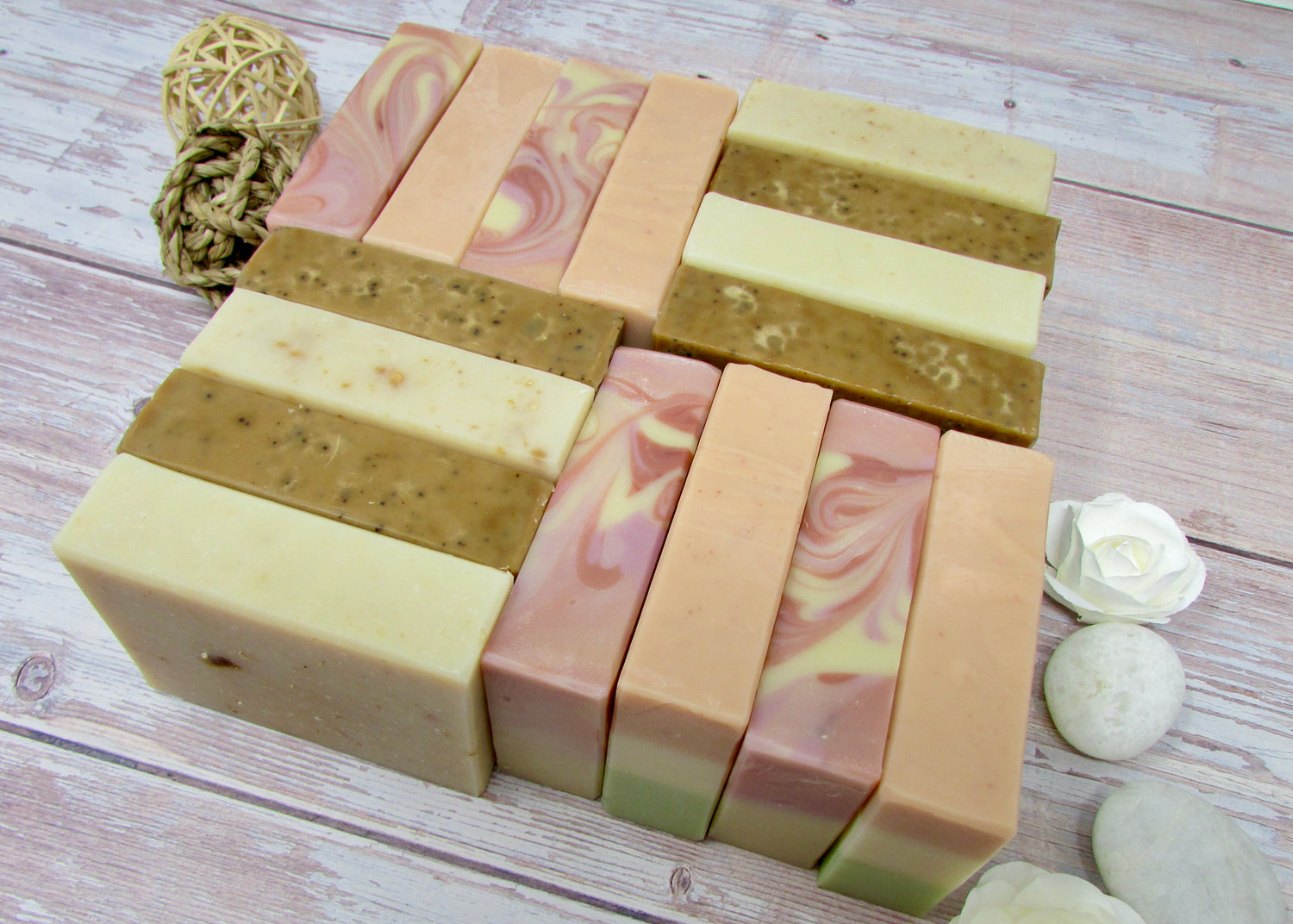 Goat milk bar soap. Group image. Oatmeal, coffee, berry, clays and more.