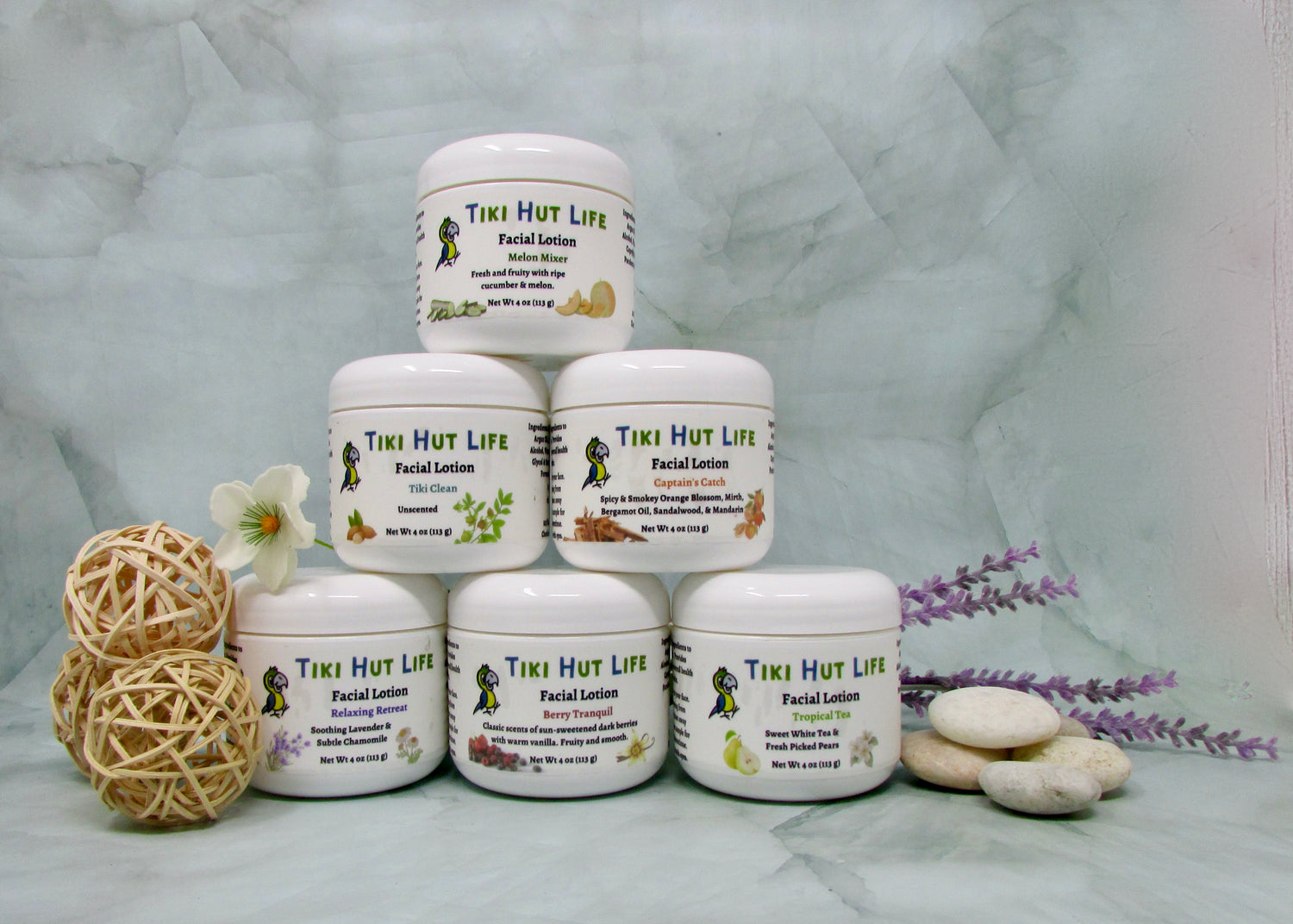 Facial lotion group image. Captain's Catch, Relaxing Retreat, Tiki Clean, Berry Tranquil and more. All-natural lotion for your face.