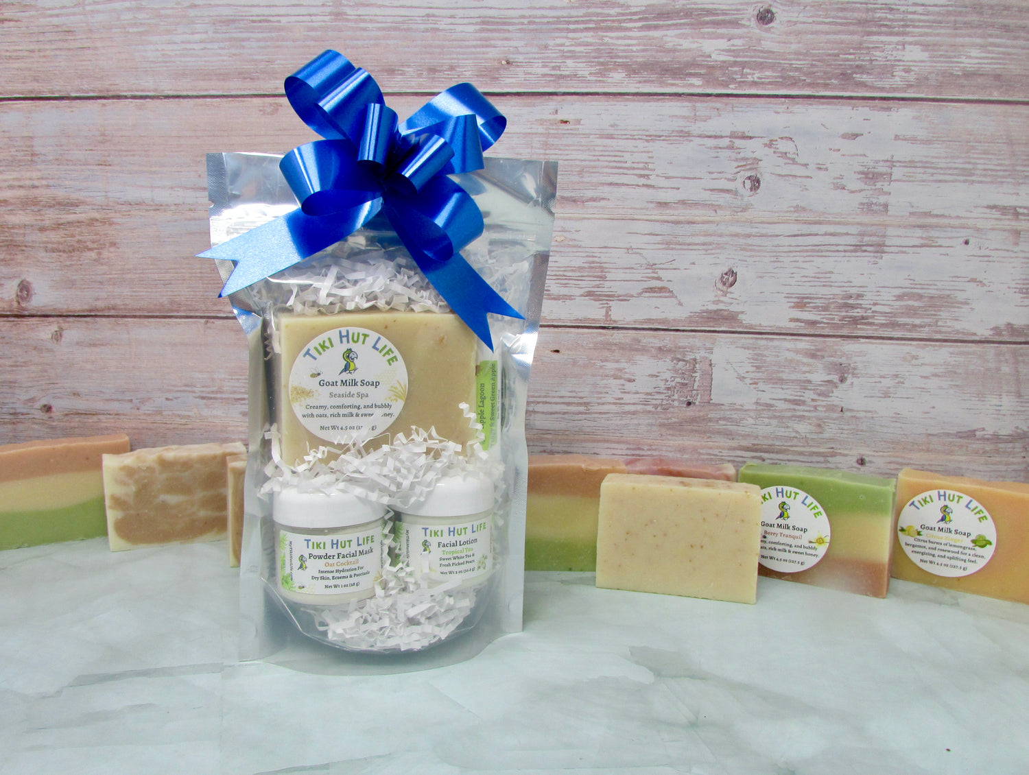 The ultimate spa gift set with goat milk soap, lip balm, powder facial mask and facial lotion. Nourish your skin with quality ingredients and no fillers.