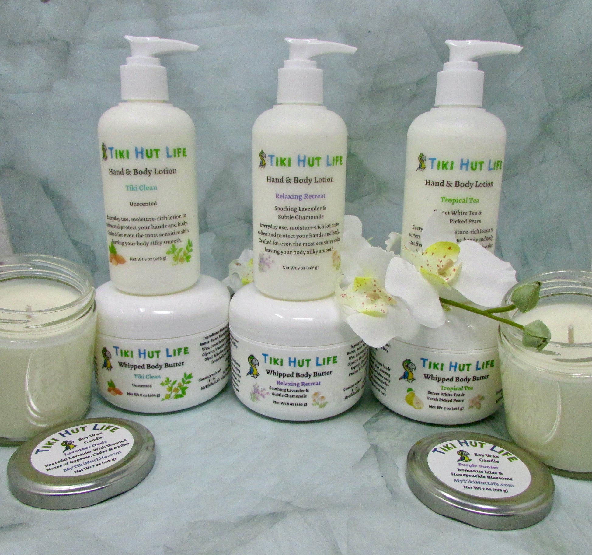 Hand & body lotion. Soy wax candles. Body butter. Group image, multiple scents.