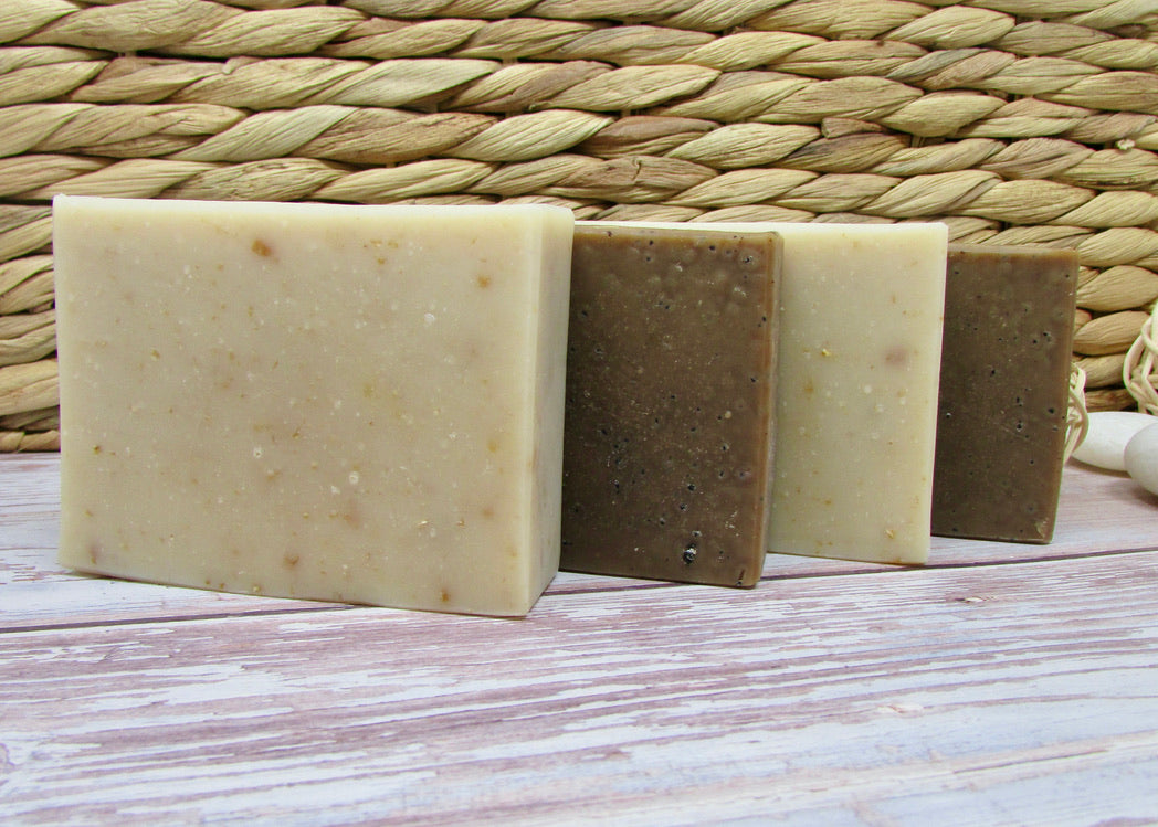 Seaside Spa Goat Milk Soap. Creamy, comforting, and bubbly with oats, rich milk & sweet honey.