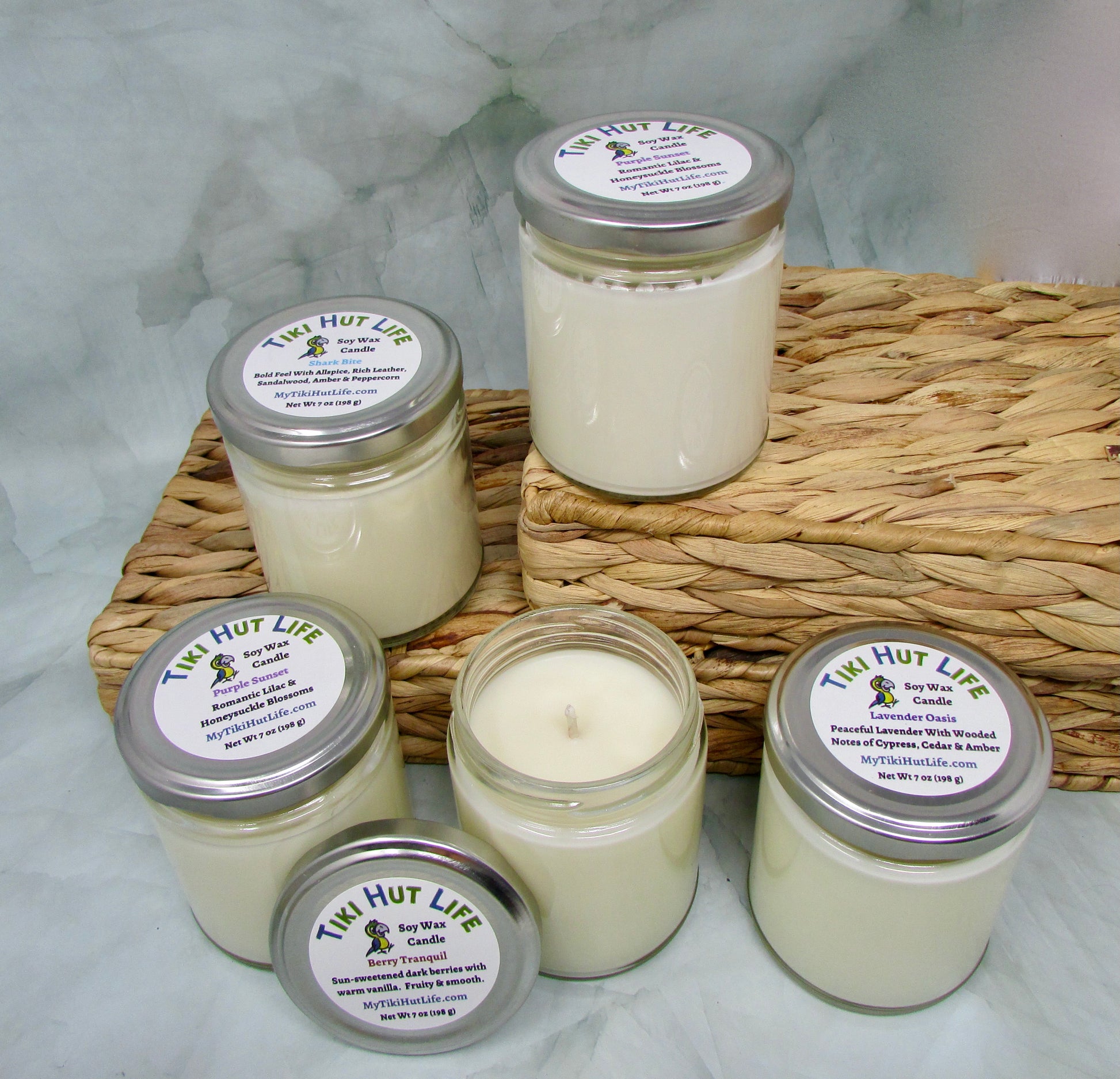 Soy wax candle group image. Burns clean, chemical free, 7 ounces. 