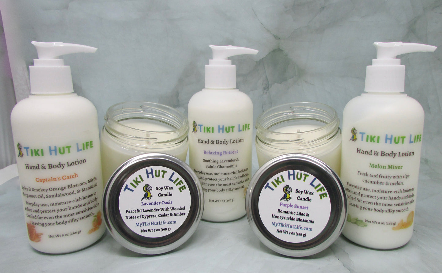 Hand & body lotion. Soy wax candles. Assorted scents. 