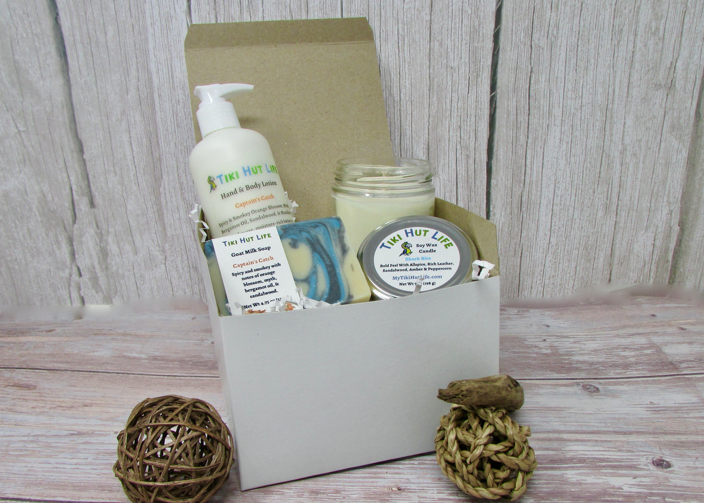 Gift box. Bathe with our Goat Milk Soap and moisturize with our Hand & Body Lotion. All while taking in our Soy Wax Candle.