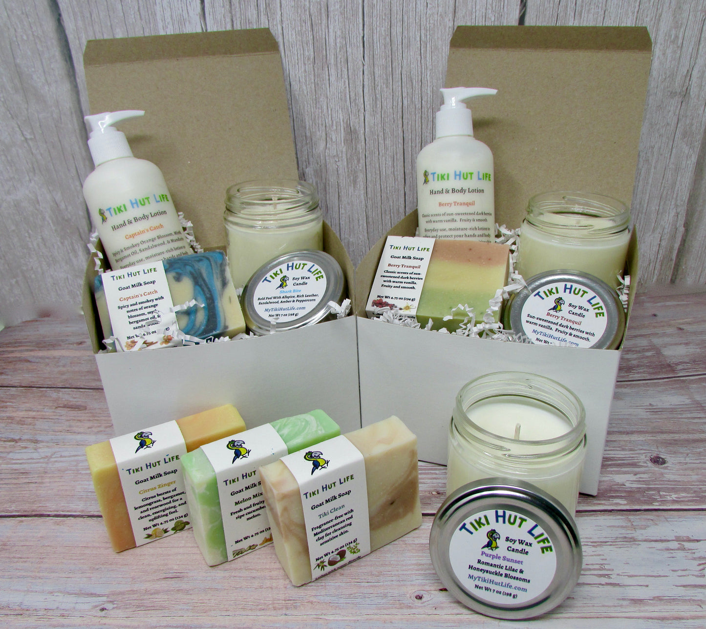 Gift box. Bathe with our Goat Milk Soap and moisturize with our Hand & Body Lotion. All while taking in our Soy Wax Candle.