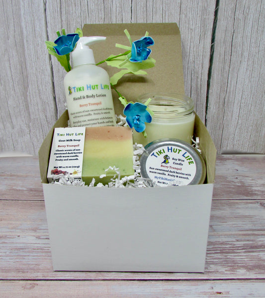 Gift box. Bathe with our Goat Milk Soap and moisturize with our Hand & Body Lotion.  All while taking in our Soy Wax Candle.