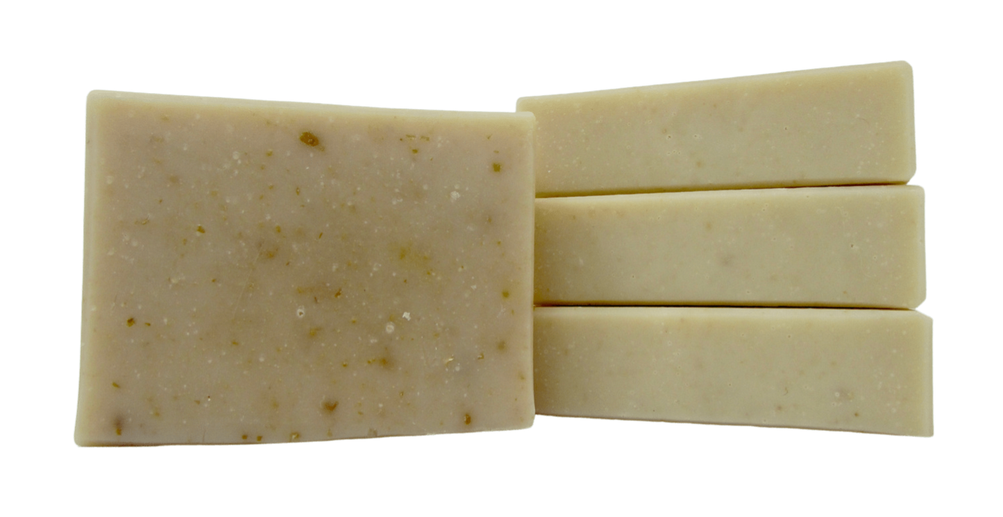 Seaside Spa Goat Milk Soap. Creamy, comforting, and bubbly with oats, rich milk & sweet honey.